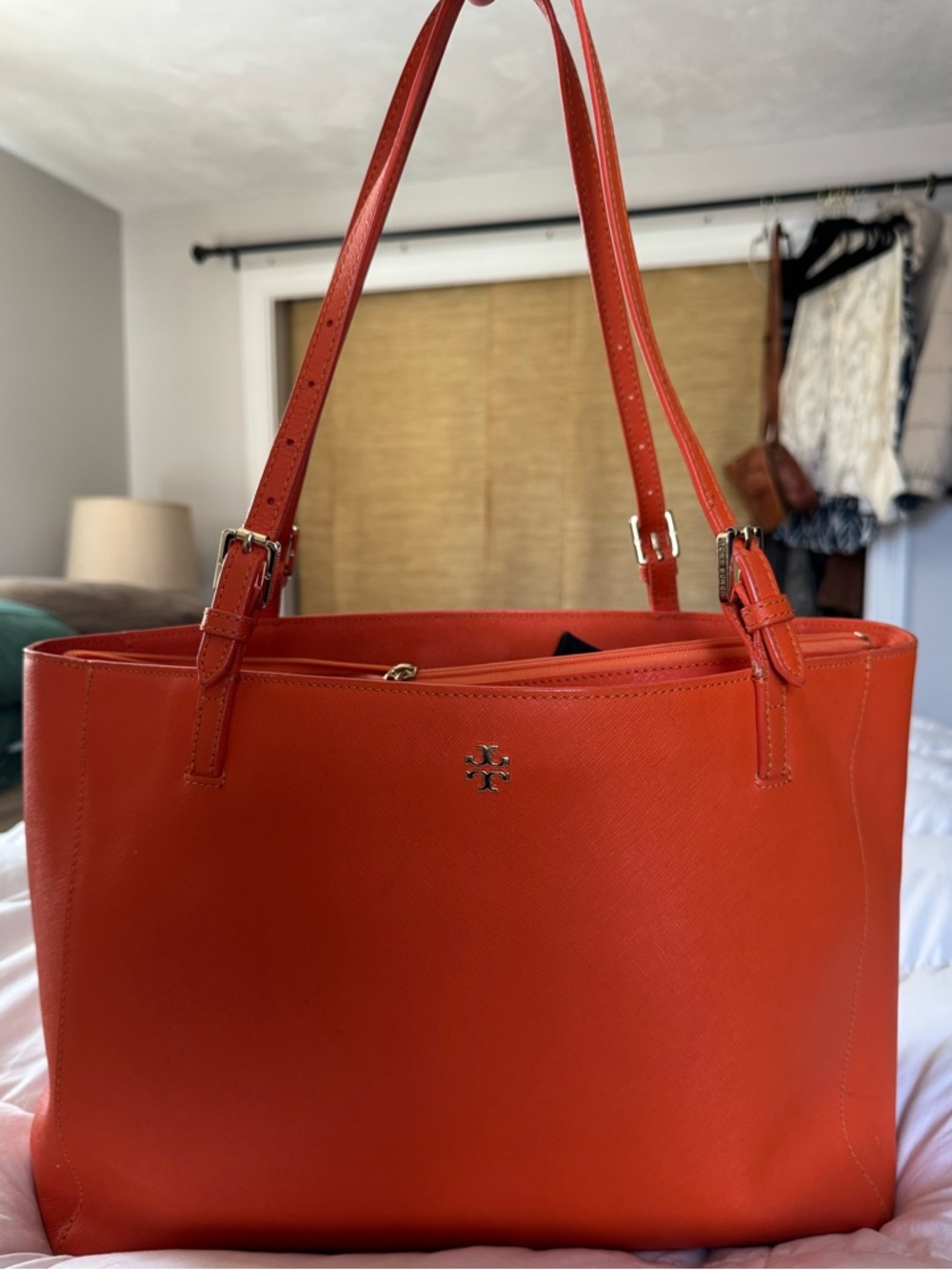 Tory Burch Bright Orange Leather Tote with Logo Charm